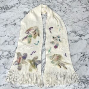 handmade felted merino wool scarf with fringe fish starfish ocean coastal theme